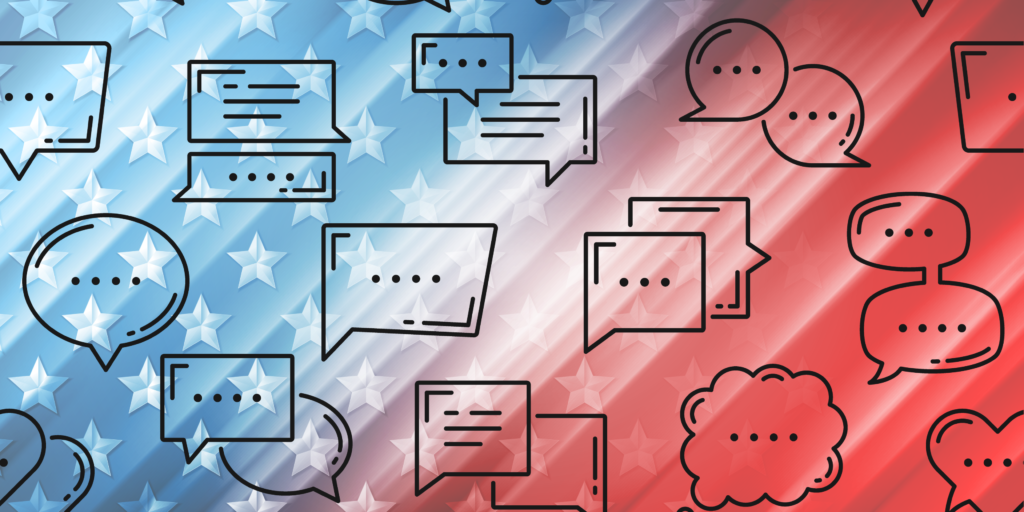 A collage of speech balloons overlaid across a red. white, and blue abstract image of the American flag